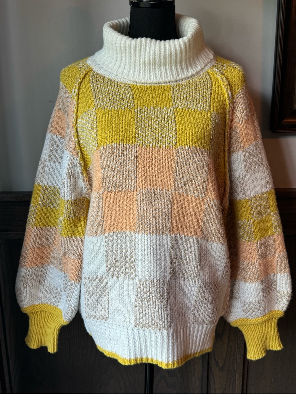Vine & Love Checkerboard Turtleneck Sweater in Cream, Peach & Mustard medium